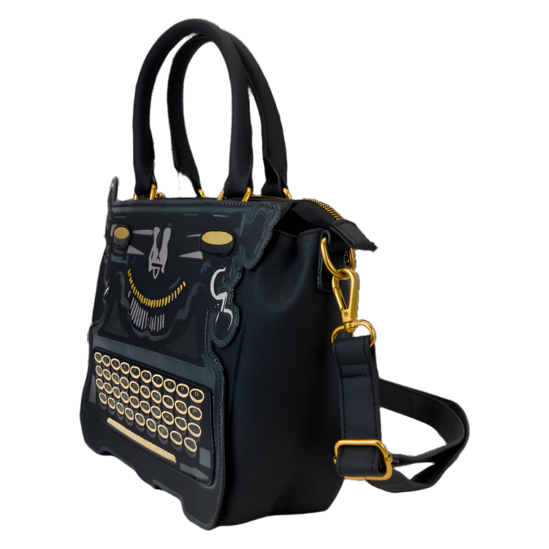 Side view of Black Crossbody bag with gold accents on a white background