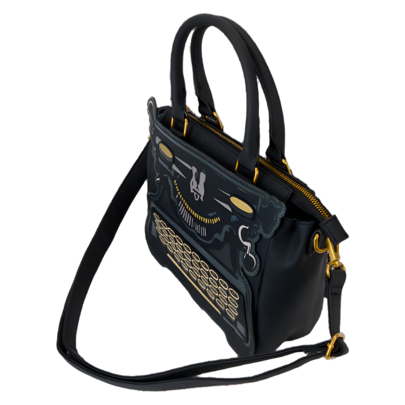 Side view of Black Crossbody bag with gold accents on a white background