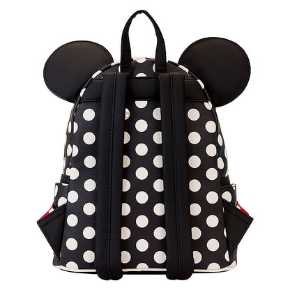 Black and white polka dot backpack with Mickey Mouse ears on a white background
