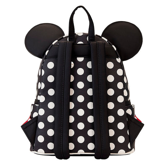 Black and white polka dot backpack with Mickey Mouse ears on a white background