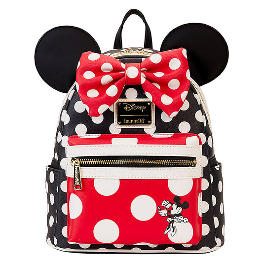 Backpack with polka dot design and Minnie Mouse illustration, featuring a red bow and black ears.