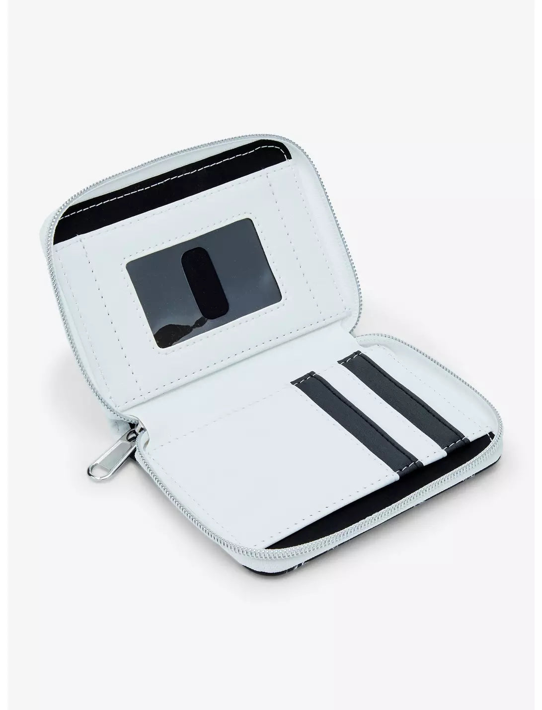 White zippered case with black interior on a white background