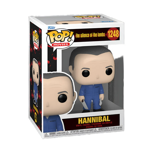 Funko Pop! figure of Hannibal Lector in packaging holding a knife and fork on a white background