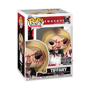 Funko Pop! Movies Chucky Tiffany bloody holding a knife wearing a white dress vinyl figure packaging on a white background