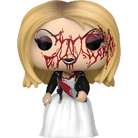 Funko Pop! vinyl figure of Chucky Tiffany bloody holding a knife wearing a white dress on a white background.