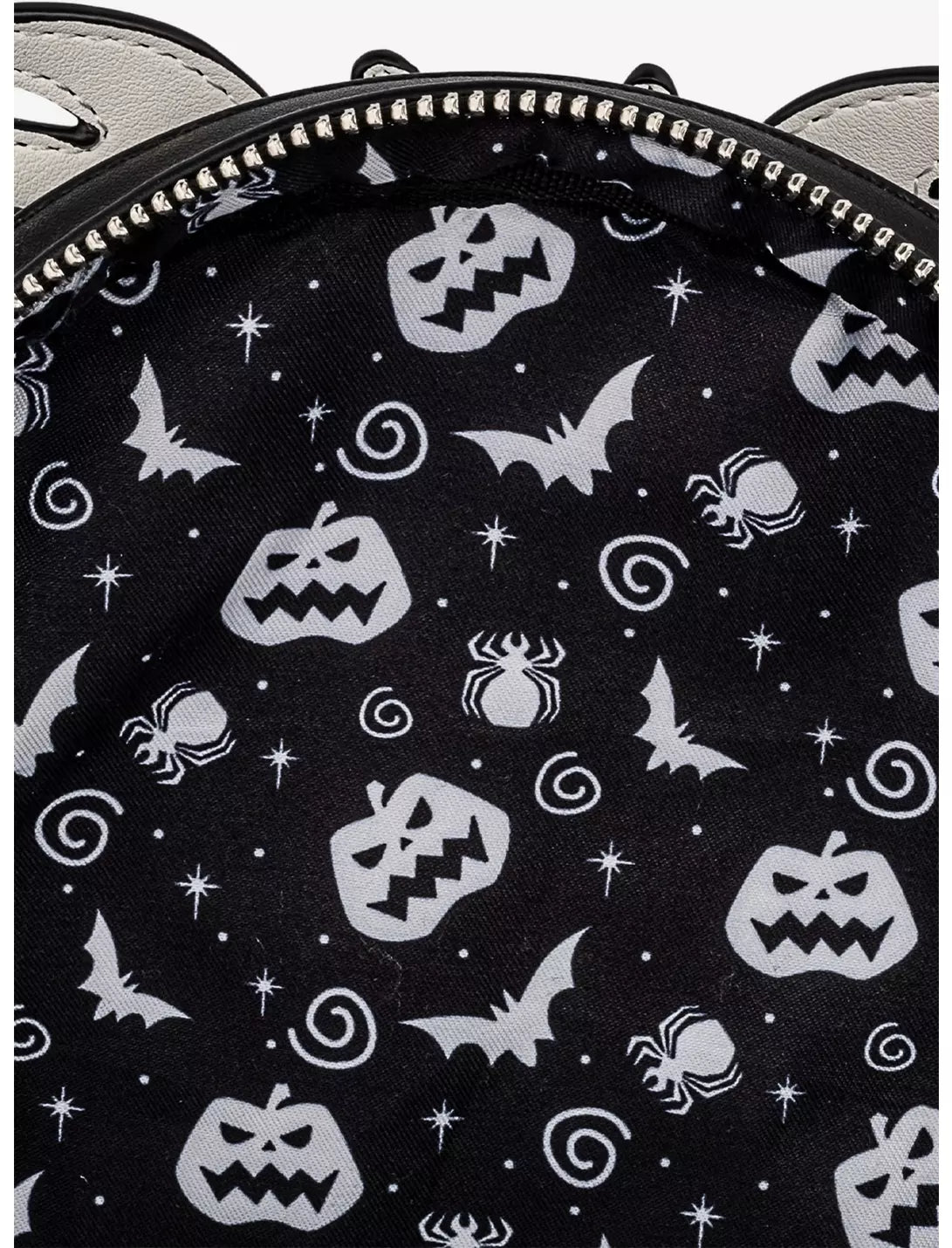 Black bag with white Halloween-themed patterns including pumpkins, bats, and spiders.