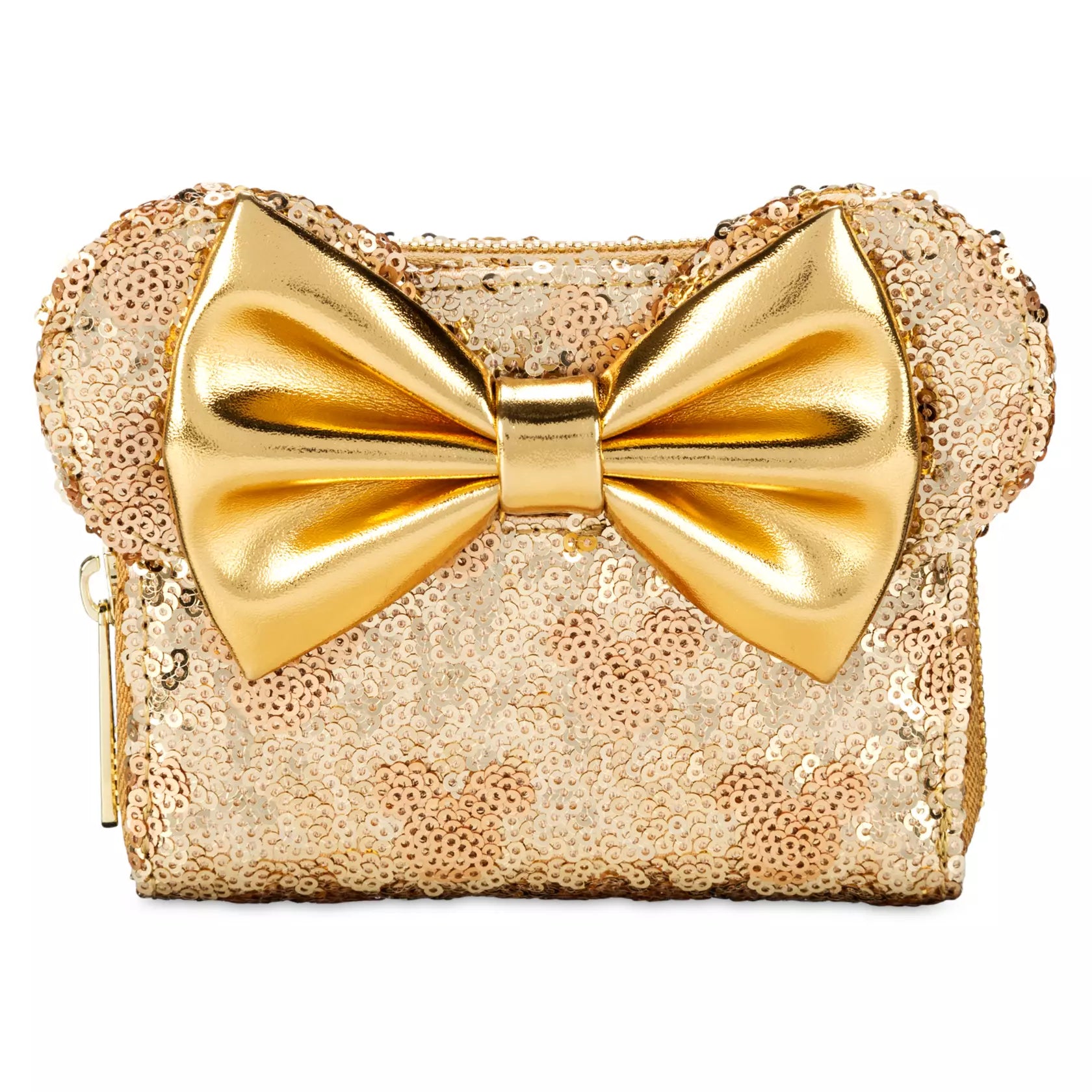 Gold sequin wallet with a large bow on a white background