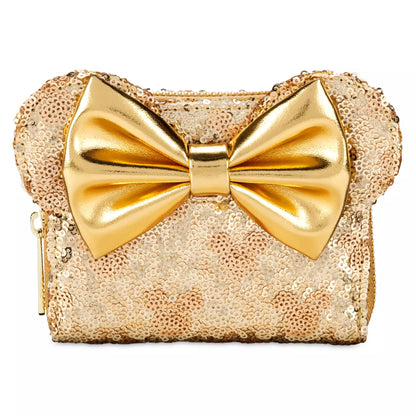 Gold sequin wallet with a large bow on a white background