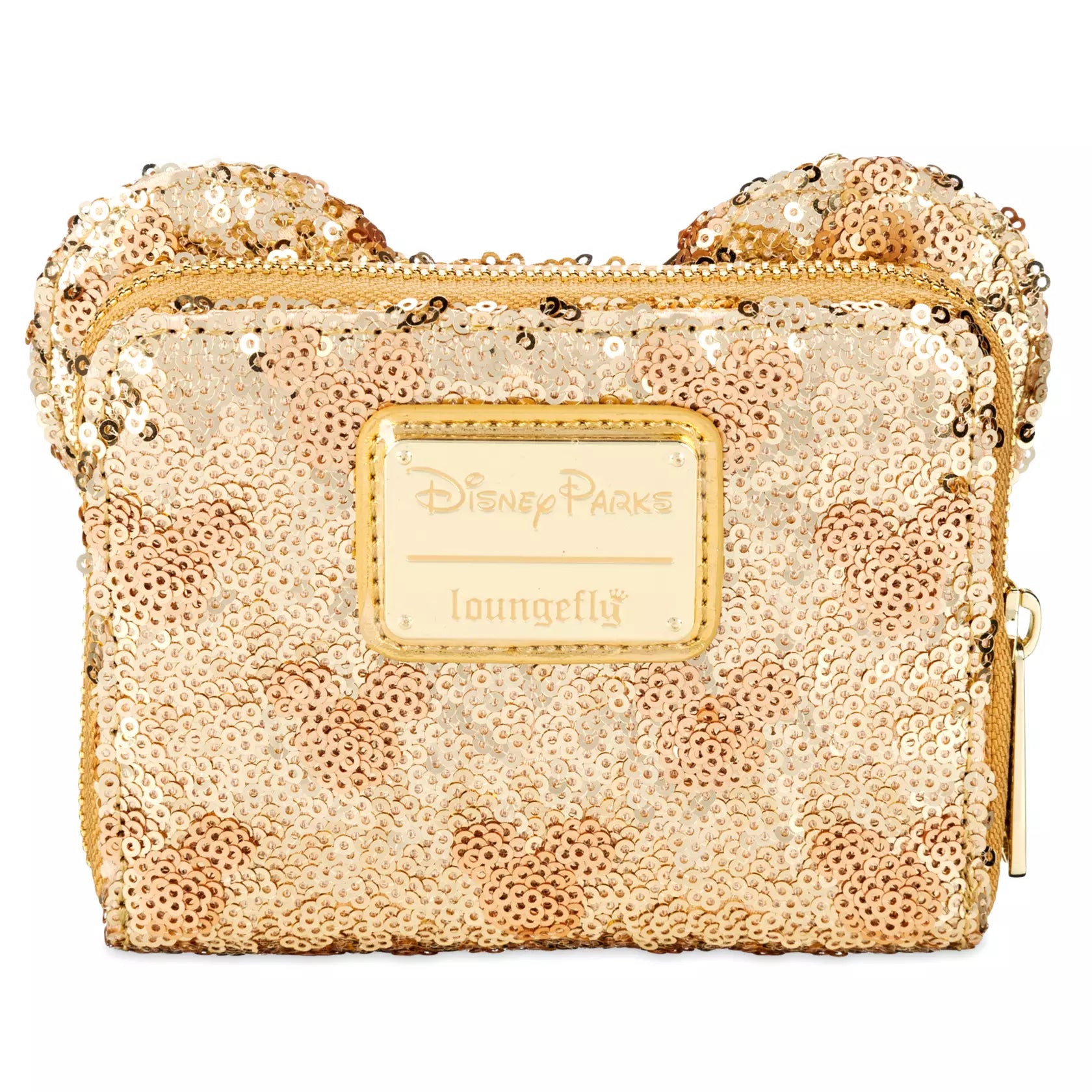 Gold sequin pouch with 'Disney Parks' label on a white background