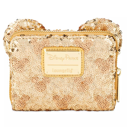 Gold sequin pouch with 'Disney Parks' label on a white background