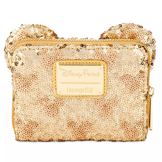 Gold sequin pouch with 'Disney Parks' label on a white background