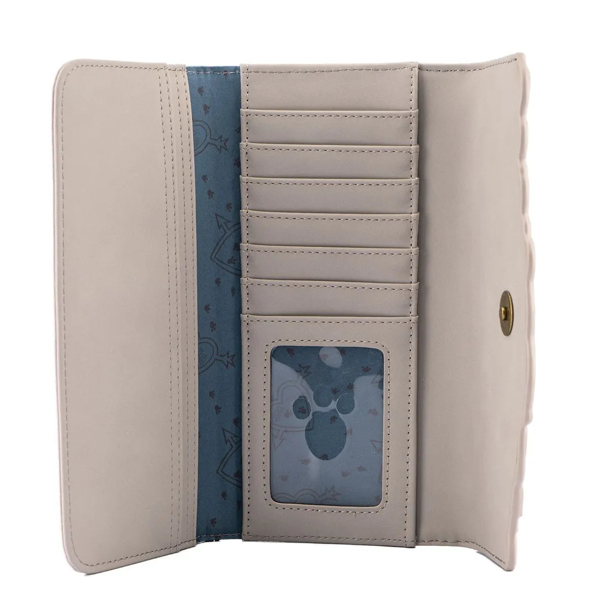 Wallet with blue interior and paw print design on a white background