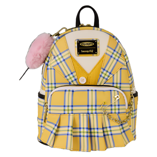 Yellow plaid backpack with a pink fluffy item on a white background