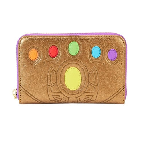 Gold Thanos Gauntlet design wallet with colorful gemstones on a white background