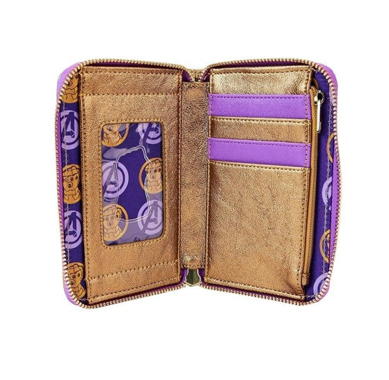 Open wallet with purple interior and gold accents on a white background