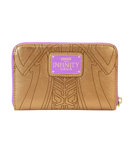 Gold wallet with purple accents featuring 'The Infinity Saga' logo on a white background