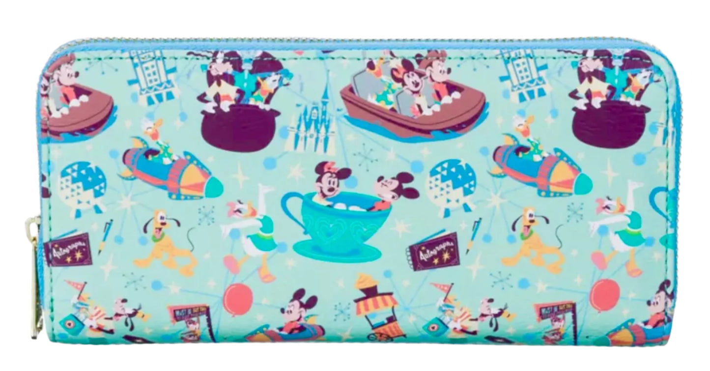 Colorful wallet with Disney-themed designs featuring various characters and elements.