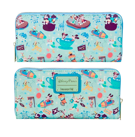 Two Disney wallets with colorful Disney-themed designs on a white background