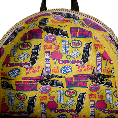 Backpack with Clueless-themed design on a yellow background