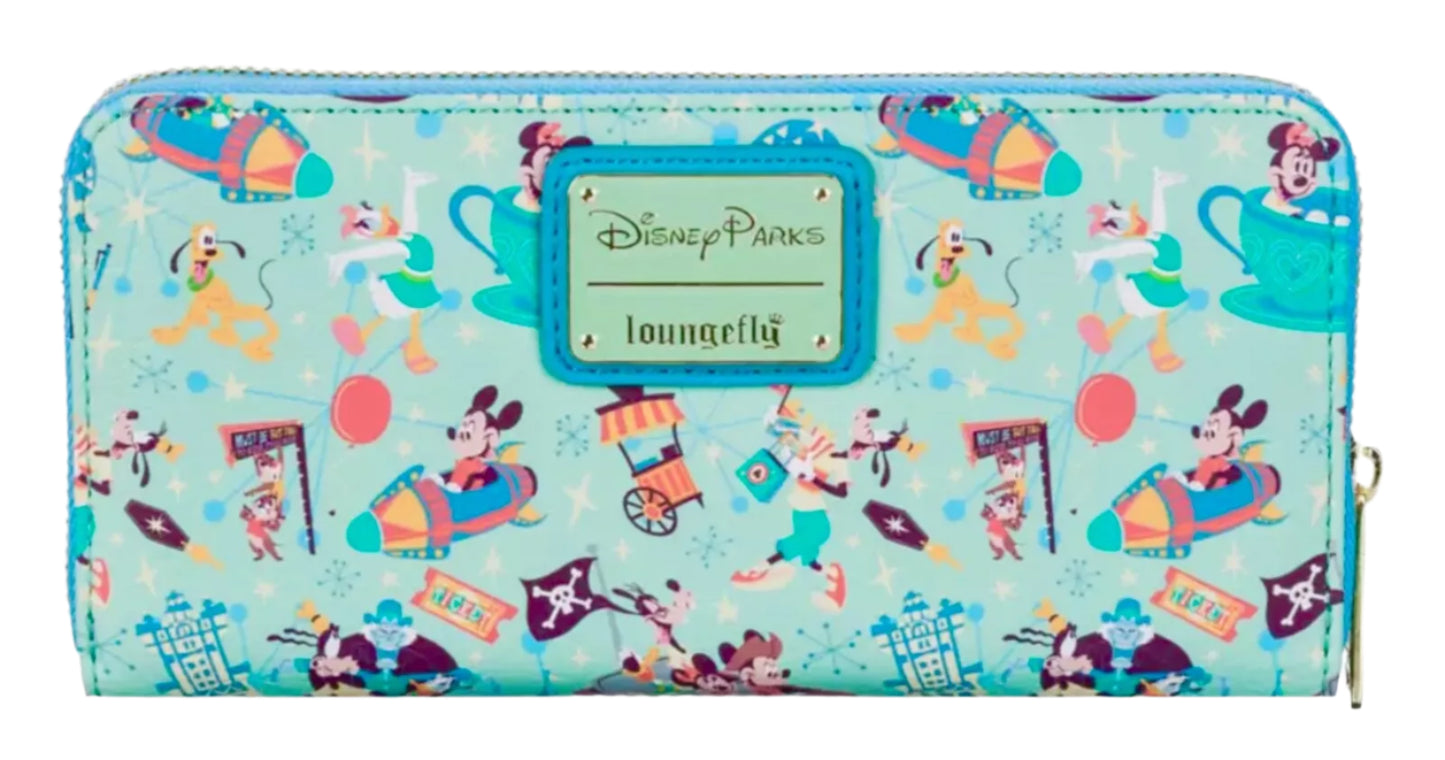 Colorful wallet with Disney-themed design featuring various characters and elements.