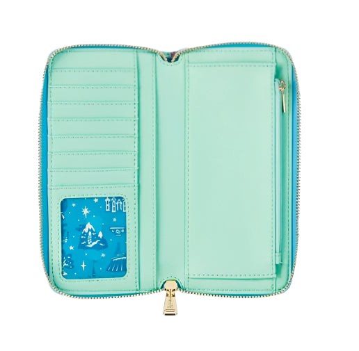 Mint green wallet with a blue card holder featuring a character design on a white background