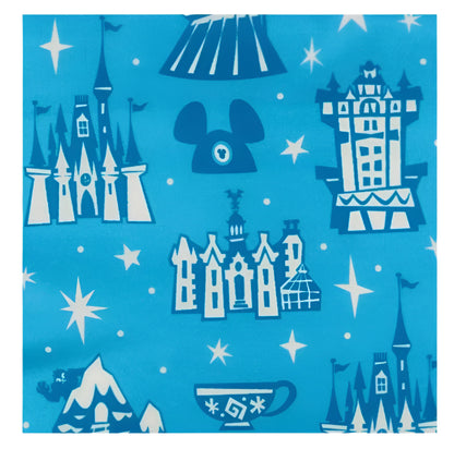 Pattern of Disney castle silhouettes and Mickey Mouse ears on a blue background with stars.