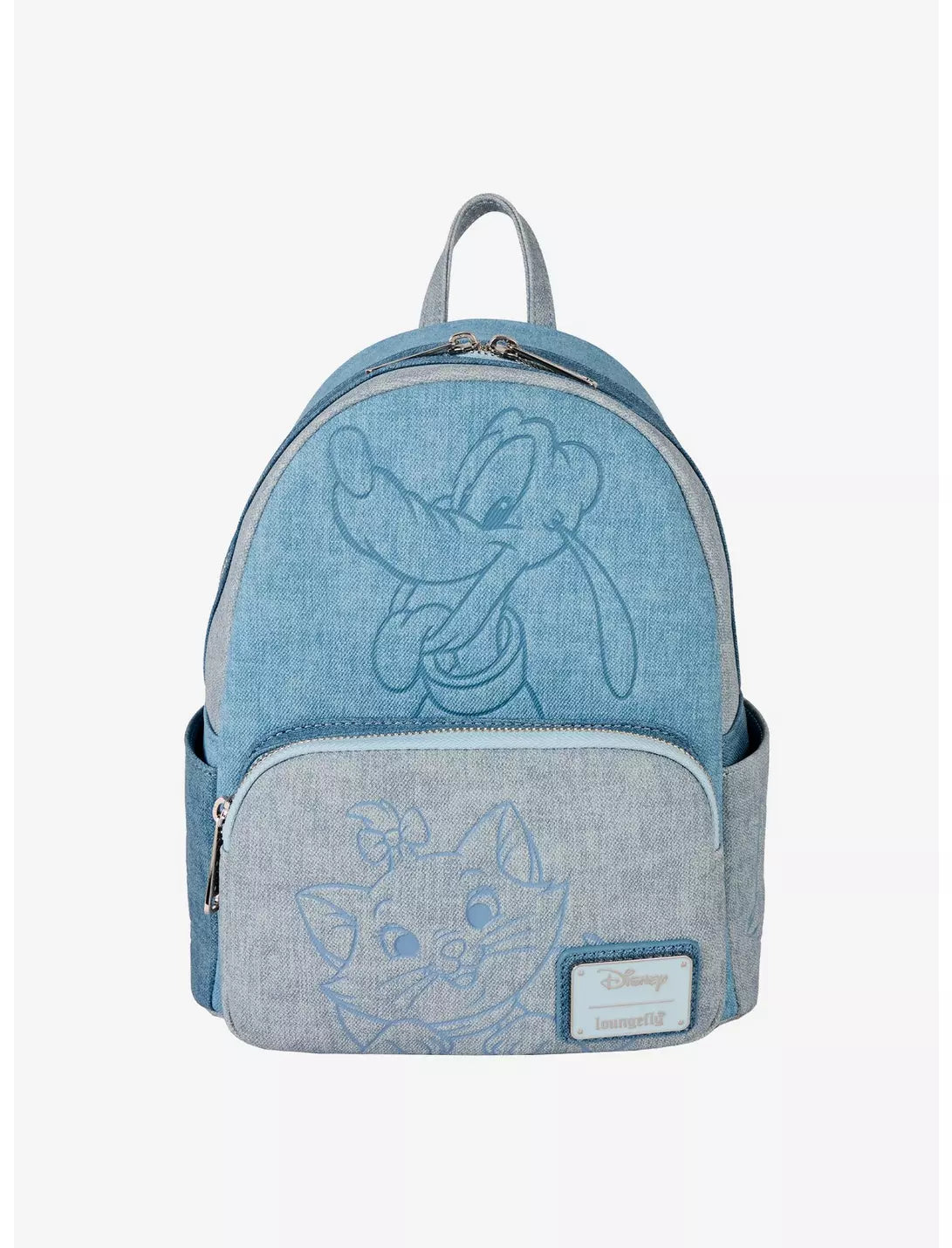 Blue denim-style backpack with Pluto and Marie design on a white background