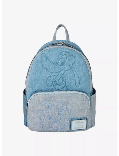 Blue denim-style backpack with Pluto and Marie design on a white background