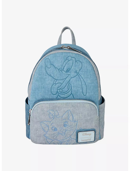 Blue denim-style backpack with Pluto and Marie design on a white background