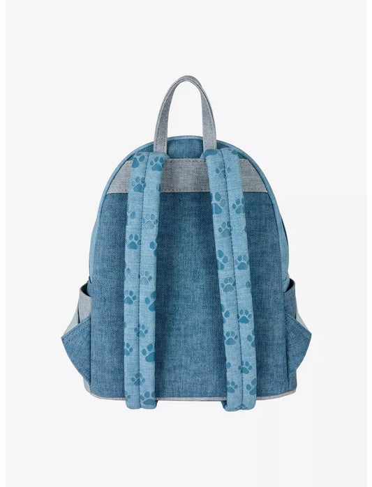 Blue backpack with paw print pattern on a white background