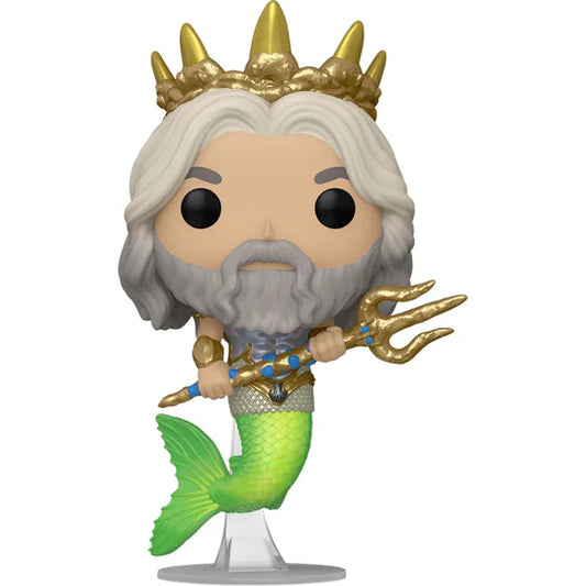 King Triton, from live action The Little Mermaid, with a crown, green tail, and gold trident on a white background