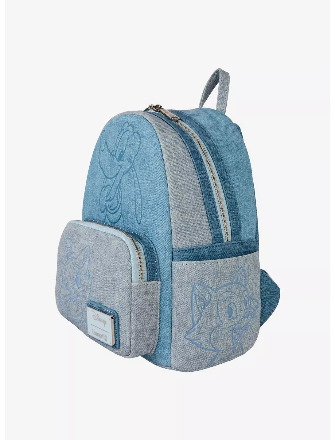 Blue denim-style backpack with embroidered designs or Pluto, Marie, and Figaro on a white background