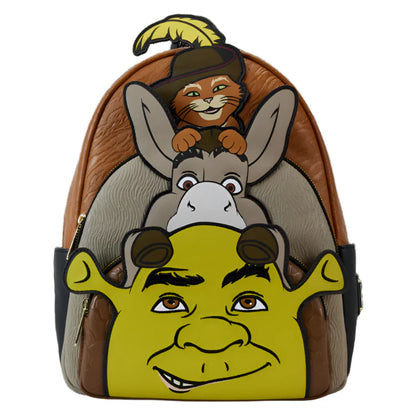 Backpack with Shrek, Donkey, and Puss in Boots design on a white background