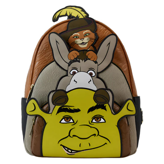 Backpack with Shrek, Donkey, and Puss in Boots design on a white background