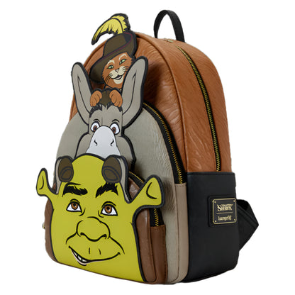 Backpack with Shrek, Donkey, and Puss in Boots design on a white background