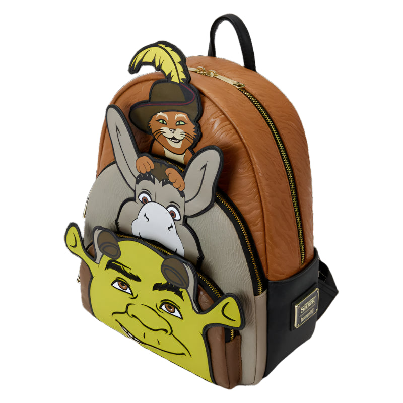 Backpack with Shrek, Donkey, and Puss in Boots character designs on a white background