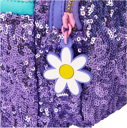 Close-up of a purple sequined bag with a daisy-shaped keychain.