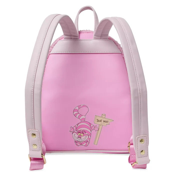 Pink backpack with Cheshire Cat and text stating "That Way" on a white background