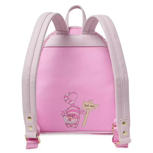 Pink backpack with Cheshire Cat and text stating "That Way" on a white background