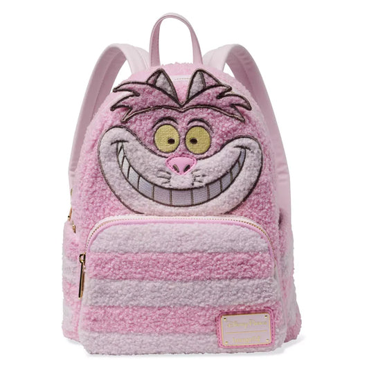 Pink backpack with Cheshire Cat  face design on a white background