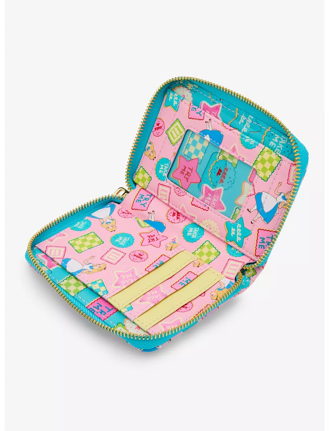 Inside of wallet with Alice and Alice in Wonderland designs on a white background