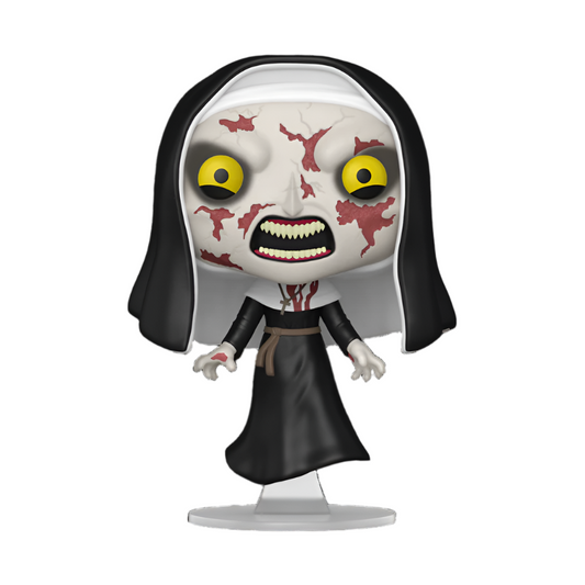 Funko Pop! vinyl figure of the Nun levitating with a black hood and white face with red markings on a white background