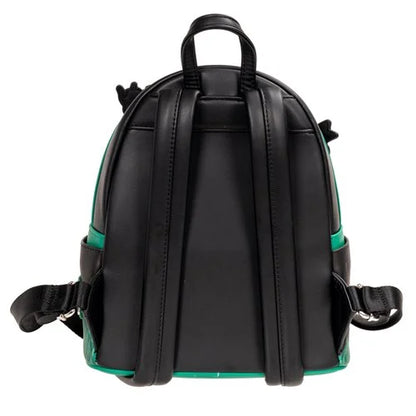 Black backpack with green accents on a white background