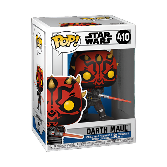 Funko Pop! packaging for Darth Maul from Star Wars, featuring the character's iconic design on a white background