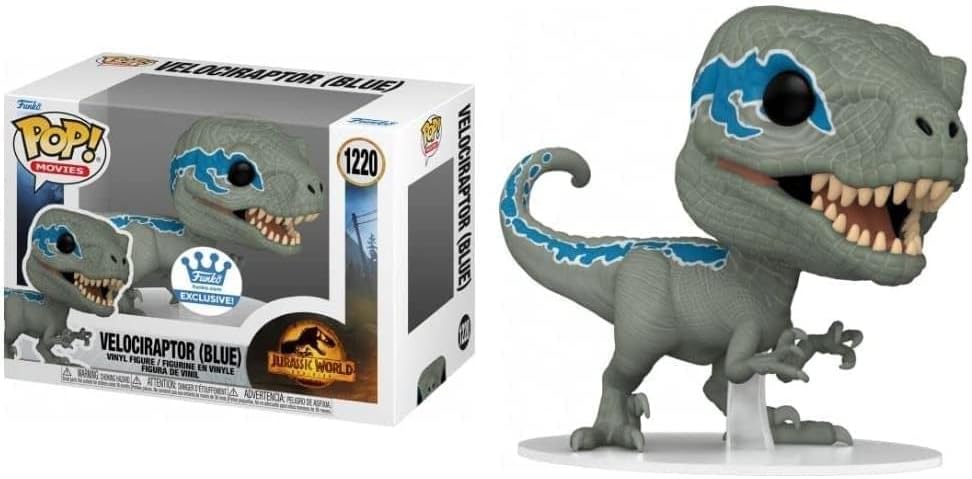 Pop! Vinyl figure of Blue the Velociraptor with packaging on a white background