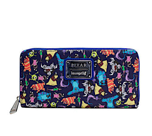 Colorful Pixar-themed wallet with Monsters, Inc illustrations on a white background
