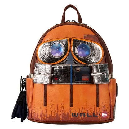 Backpack designed like a robot with large eyes and 'WALL-E' branding on a white background