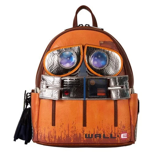 Backpack designed like a robot with large eyes and 'WALL-E' branding on a white background