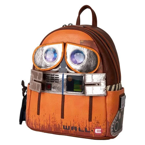 Backpack designed like a robot with large eyes and 'WALL-E' branding on a white background