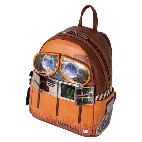 Backpack designed like a robot with large eyes and 'WALL-E' branding on a white background 